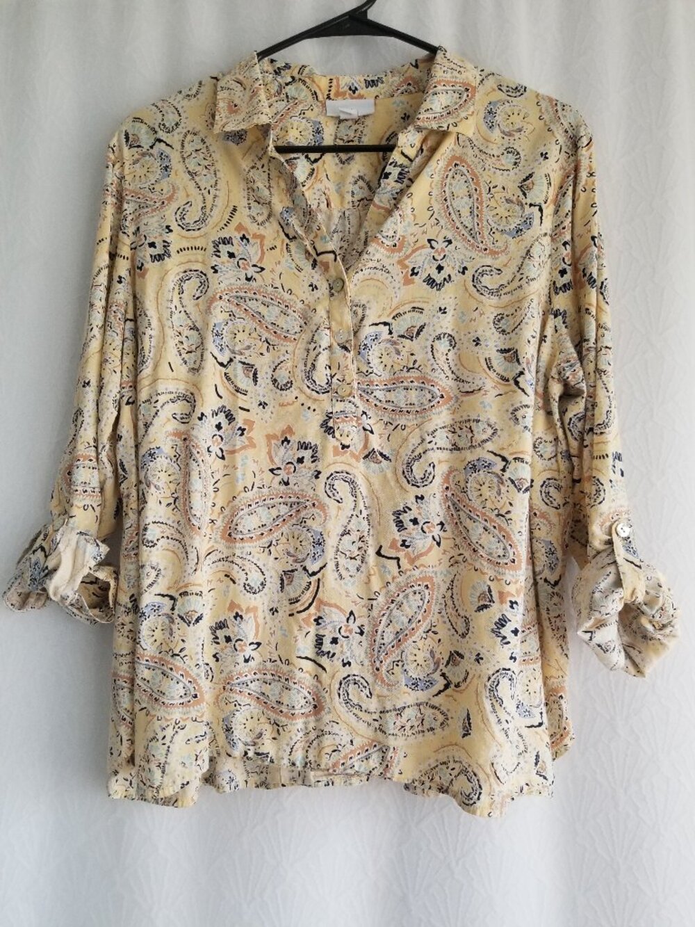 J. Jill Yellow Paisley Roll Tab Sleeve Blouse Large